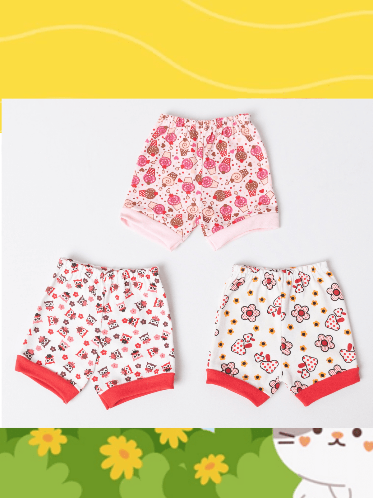 Kit 3 Short Tapa Fralda RN/P/M/G Suedine 100% Algodão Estampas Variadas